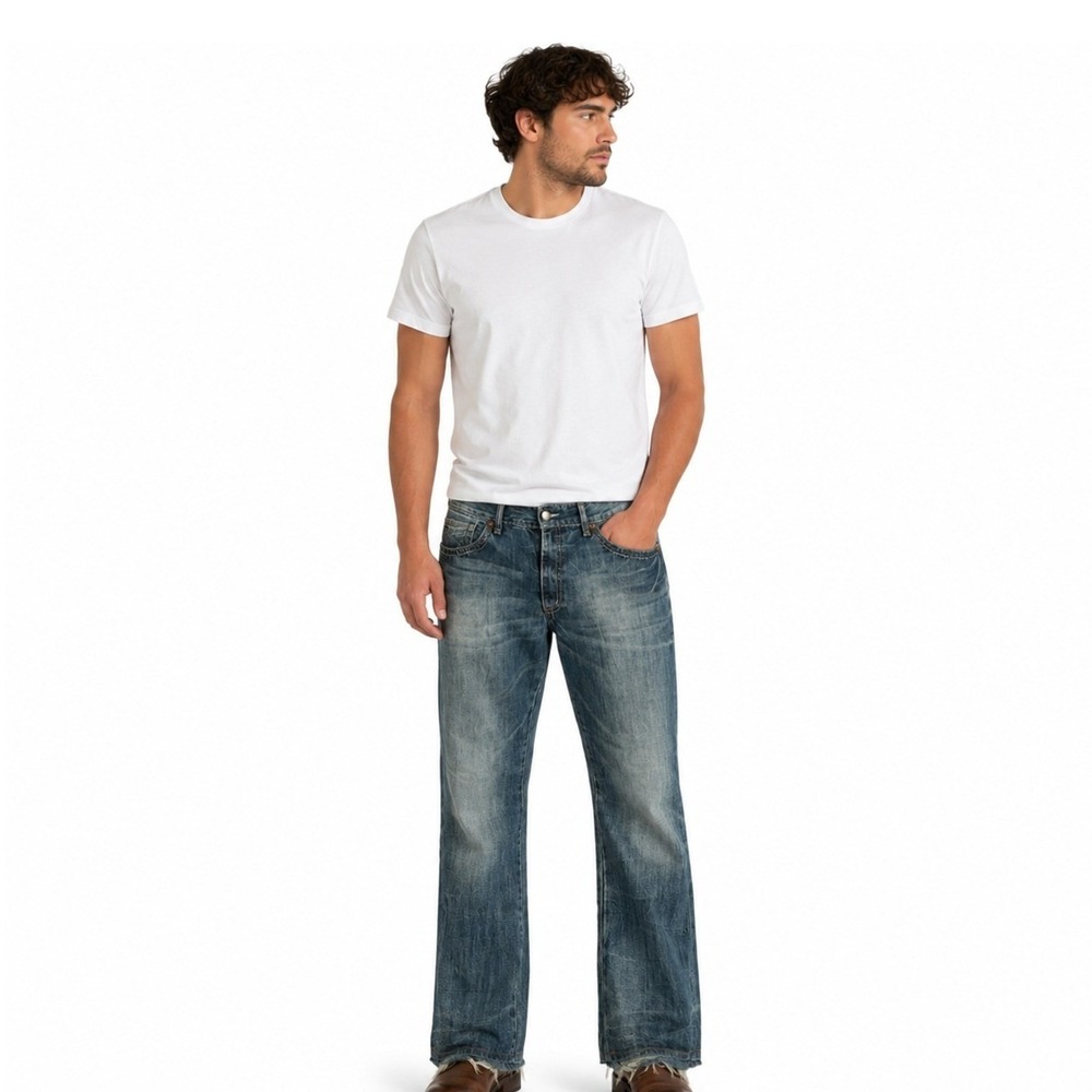Rock 47 Wrangler Slim Bootcut Jeans Mens 36x36 Blue Distressed Heavy Stitching